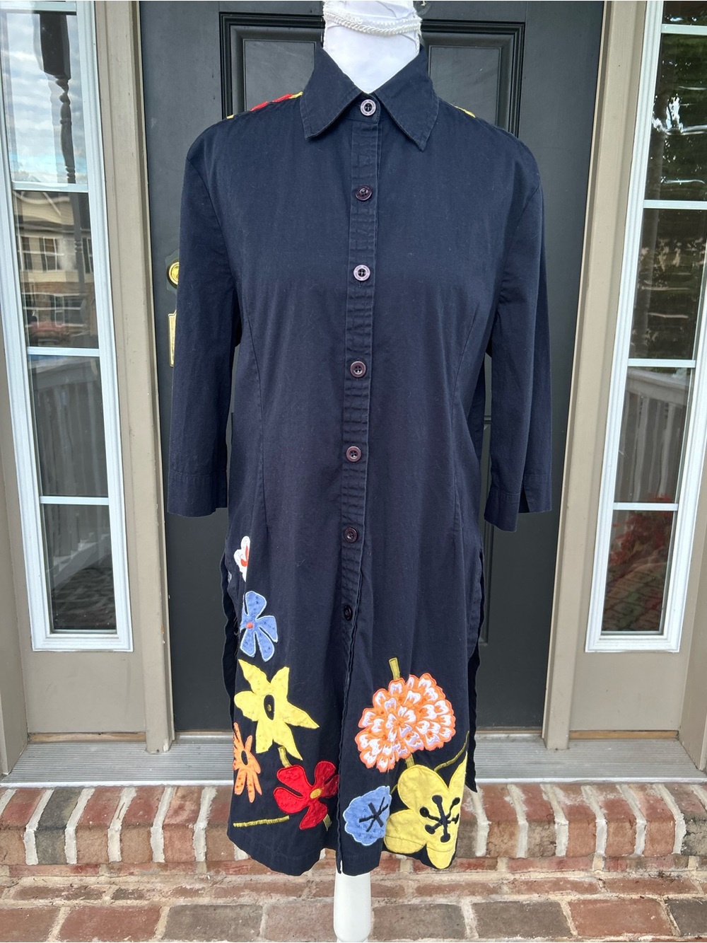Michael Simon Navy Blue Cotton Button Down Long Tunic Dress Flower Details M